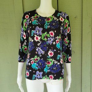 TALBOTS Black Floral Cotton Knit Cardigan SP